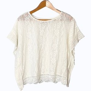 Arizona Ivory Cropped Lace Trim Bat Wing Sheer Short Sleeved Boxy Blouse Top M